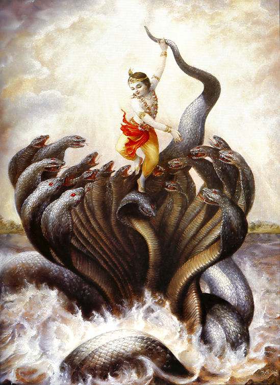 Krishna kills black snake kaliya with multiple mouths