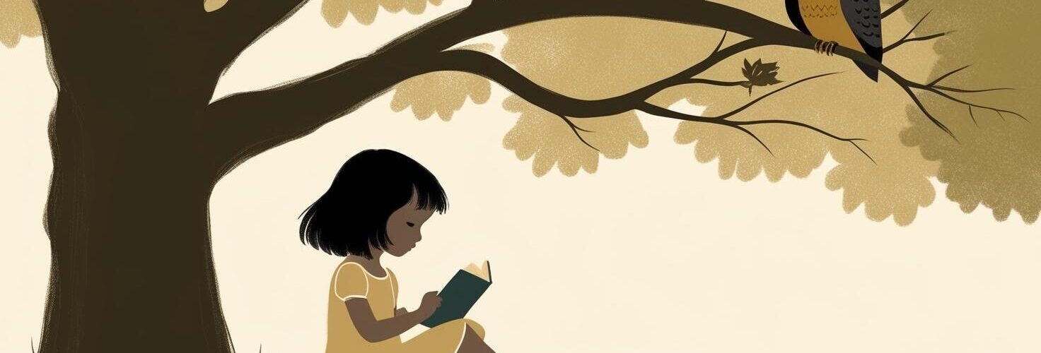 girl sitting under a tree reading a book