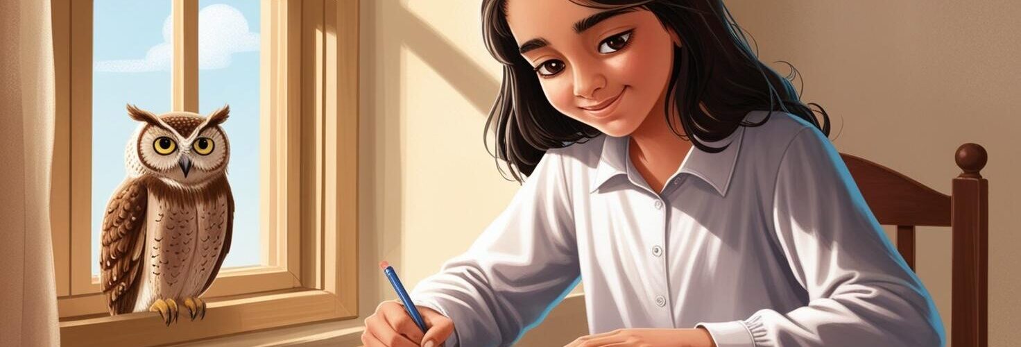 Image of a girl writing near a window with owl